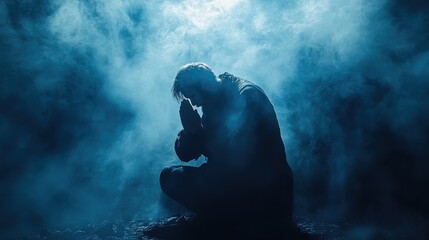 Fototapeta premium Silhouette of young caucasian male praying in smoky atmosphere