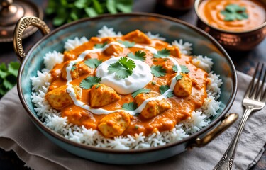 Aromatic chicken tikka masala, creamy and rich, served over fluffy white rice in an elegant teal dish.  Garnished with fresh cilantro and a dollop of yogurt.