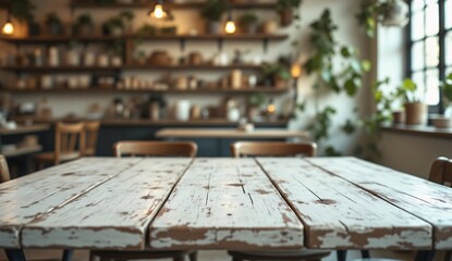 Vintage white wood table sharply focused with cozy blurred cafe background. Warm indoor lights, green plants, and rustic furniture create an inviting mood.