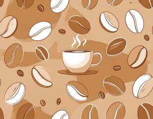Obraz premium Filiżanka z kawą otoczona ziarnami kawy. Ilustracja, logo, wzór. 