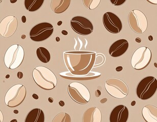 Obraz premium Coffee cup surrounded by coffee beans. Illustration, logo, pattern.