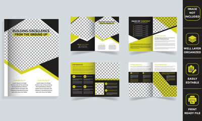 Construction Company Profile, Brochure, Magazine, Booklet layout featuring workers, service offerings, and case studies, ideal for promoting building companies and engineering firms.