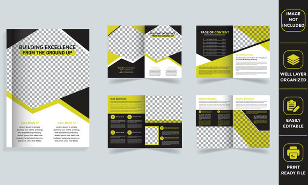 Construction Company Profile, Brochure, Magazine, Booklet layout featuring workers, service offerings, and case studies, ideal for promoting building companies and engineering firms.