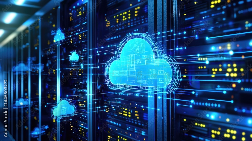 Poster Advanced data center with multiple glowing cloud icons and servers, great for visualizing cloud services, data processing, and digital transformation