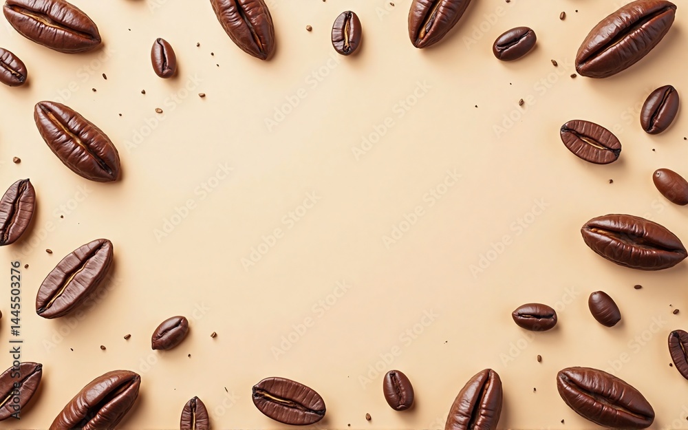 Poster roasted coffee beans arranged in a frame on a beige background, leaving a blank space in the center.