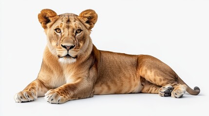 Fototapeta premium Majestic female lion resting on white background