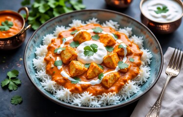 Aromatic Indian butter chicken curry served over fluffy basmati rice, garnished with fresh cilantro and a dollop of creamy yogurt.  A flavorful and satisfying meal.