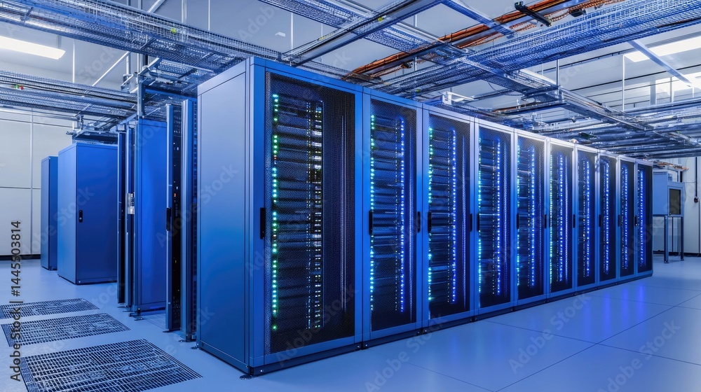 Aufkleber Modern data server racks in a bright room with overhead cable systems, ideal for IT network infrastructure, cloud services, and data engineering content