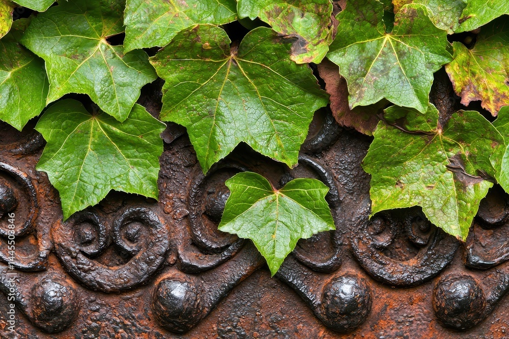 Poster detailed close-up of green ivy leaves on ornate rusty metal surface with intricate patterns and text
