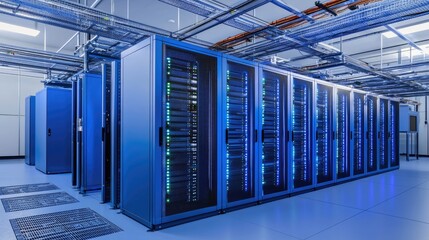 Modern data server racks in a bright room with overhead cable systems, ideal for IT network infrastructure, cloud services, and data engineering content