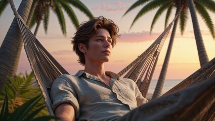 Young man relaxing in a hammock at sunset on a tropical beach. Warm sunset colors and peaceful atmosphere.