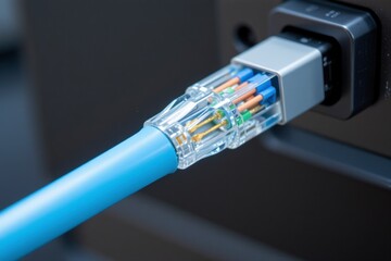 Close-up View of a Network Cable Connection in a Modern Computer Setting with Focus on Connector