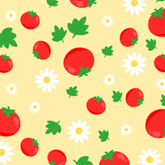 seamless pattern with tomatoes, flower and leave on yellow background. High quality food illustration