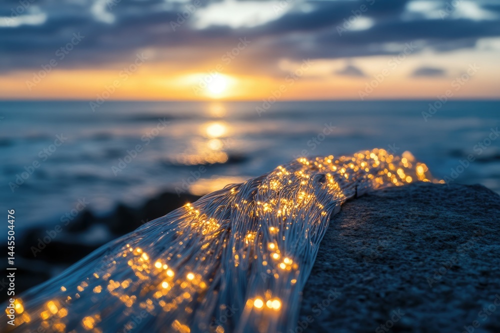Poster glowing string lights rest on a rock at sunset over the ocean, creating a magical scene.