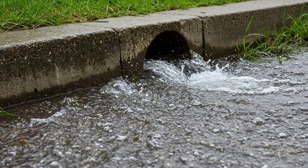 Stormwater Drainage System: Rapid Water Flowing into Concrete Drain During Heavy Rainfall