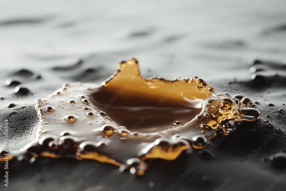 Poster close-up of a golden liquid splashing and creating a ripple effect on a dark surface.