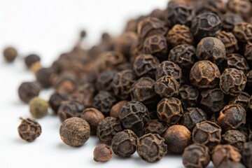 Organic black peppercorns clustered together, showcasing their natural texture and color.