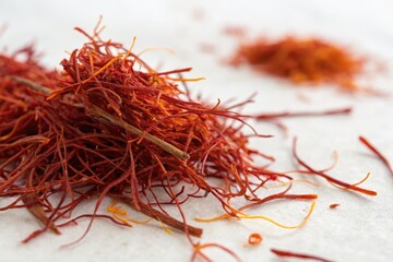 Naklejka premium Vibrant red saffron strands arranged in a natural cluster, perfect for culinary or artistic use.