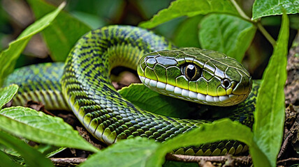 Fototapeta premium A captivating close-up of a green snake with shimmering scales caught in natural light.