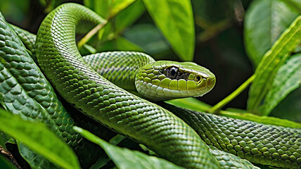 Obraz premium A captivating close-up of a green snake with shimmering scales caught in natural light.