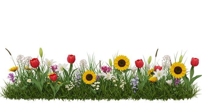 Colorful spring flowers and grass border strip isolated on transparent background, perfect for seasonal banners, garden party invitations, floral decorative borders, and Easter-themed layouts