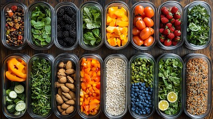 Colorful assortment of fresh vegetables, fruits, and nuts organized in containers on a wooden table