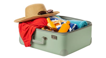 Packed suitcase with vacation items including hat, towel, sunscreen isolated on transparent background, ideal for holiday travel illustrations, tropical trip ads, and resort packing themes
