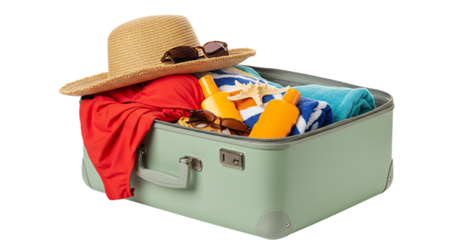 Packed suitcase with vacation items including hat, towel, sunscreen isolated on transparent background, ideal for holiday travel illustrations, tropical trip ads, and resort packing themes