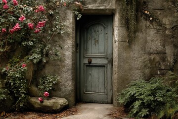 Aged stone wall with antique wooden door and blooming roses.