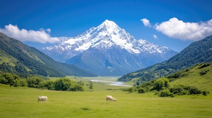 Fototapeta premium Mountain Valley with Grazing Sheep Vivid Landscape High-Definition Wide Angle Lush Greenery Peaceful Scene River Valley Background Bright Sunny Mood Ideal for Travel Brochures