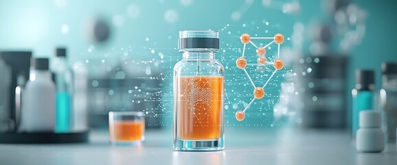 Orange liquid vial in a science lab setting