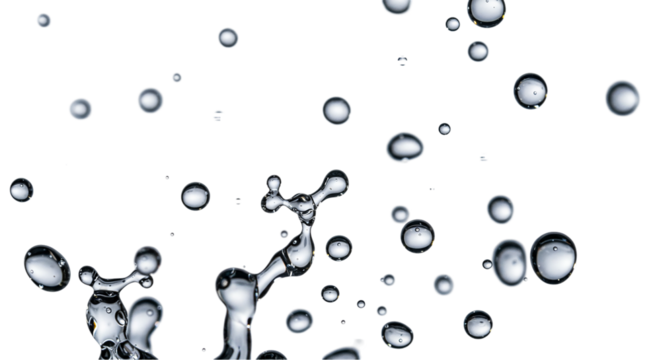 3D water splash and drops floating isolated on transparent background, suitable for drink ads, spa product visuals, clean beauty branding, and health or hydration campaigns