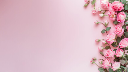 Obraz premium Delicate pink roses arranged on a pastel pink background, perfect for Valentine’s cards, wedding invites or spring promotions.