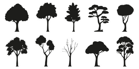 Tree Silhouettes Collection. Diverse Tree Shapes For Nature And Design Projects Isolated Vector Illustration Set