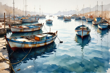 Fototapeta premium Watercolour illustration. Tranquil mediterranean harbor scene with rustic boats reflecting on calm waters