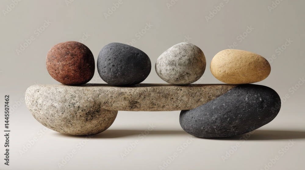 Poster a stone bench adorned with five stones symbolizing balance and alignment of assets in relation to li