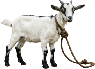 Adorable young goat kid tethered with rope isolated transparent background farm animal photography