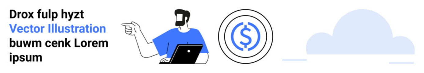 Man gesturing while holding laptop, dollar emblem representing finance, cloud for technology. Ideal for fintech, business presentation, online banking, virtual meetings, teamwork, financial planning