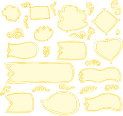 Set of curved line frames with yellow fills, scribbled, hand drawn: cloud shapes, rhombus, rectangle, long and short ribbon, wavy ribbons, heart, oval, flower shape