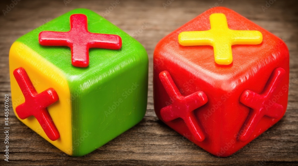 Poster two colorfully painted dices placed together on a surface symbolizing luck and balanced risk matrix 