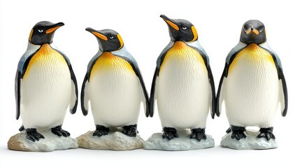 Obraz premium Four lifelike penguin figurines aligned on white background