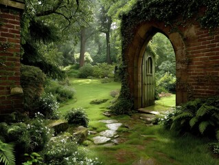Obraz premium An enchanting garden passageway through ancient stone walls.