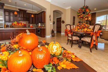 Obraz premium Autumnal dining room centerpiece Fall decorations adorn a table, creating a warm and inviting space