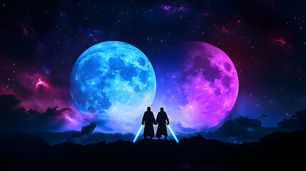 Space landscape with two moons silhouettes crossed