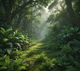 Naklejka premium Lush green tropical undergrowth, vibrant leaves carpet the forest floor , background, undergrowth