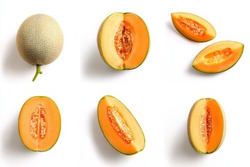 Front-view close-up of whole cantaloupe with netted rind and dewy droplets, soft studio light, pure white background for refreshing summer produce advertising.