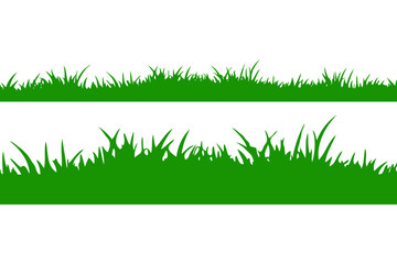 Two horizontal green grass silhouettes with varying blade shapes on a plain white background, representing natural lawn elements