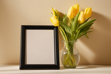 A black picture frame is leaning against the wall on an empty white table. There are yellow tulips in a vase. It's a simple and minimalistic composition, with a white background.