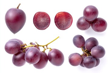 Low-angle macro photograph of purple grape with shimmering dew under dramatic studio light, white background, ideal for stylish winery advertisements.