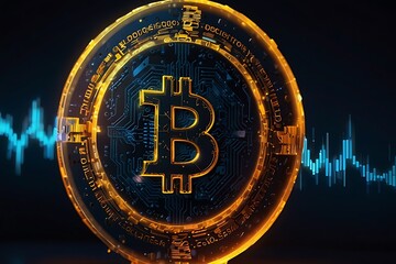3D Render of Gold Bitcoin Emblem with Digital Network - Crypto Currency Investment and Technology, Abstract Golden Bitcoin Sign with Electronic Circuit Lines - Blockchain, Crypto Mining, and Trading